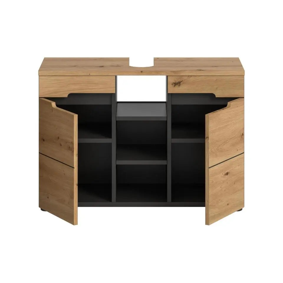 Hioshop Canu wastafel 2 deuren- 3 planken eiken decor- grijs