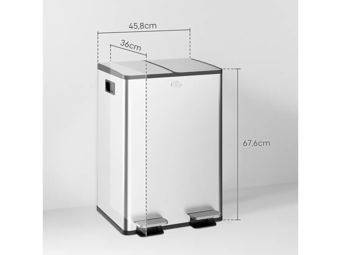 Poubelle de cuisine double, 2 x 28L, poubelle à pédale en acier inoxydable, 2 couvercles à fermeture douce, seaux intérieurs amovibles et poignées anti-empreintes digitales 45,8x36x67,6cm