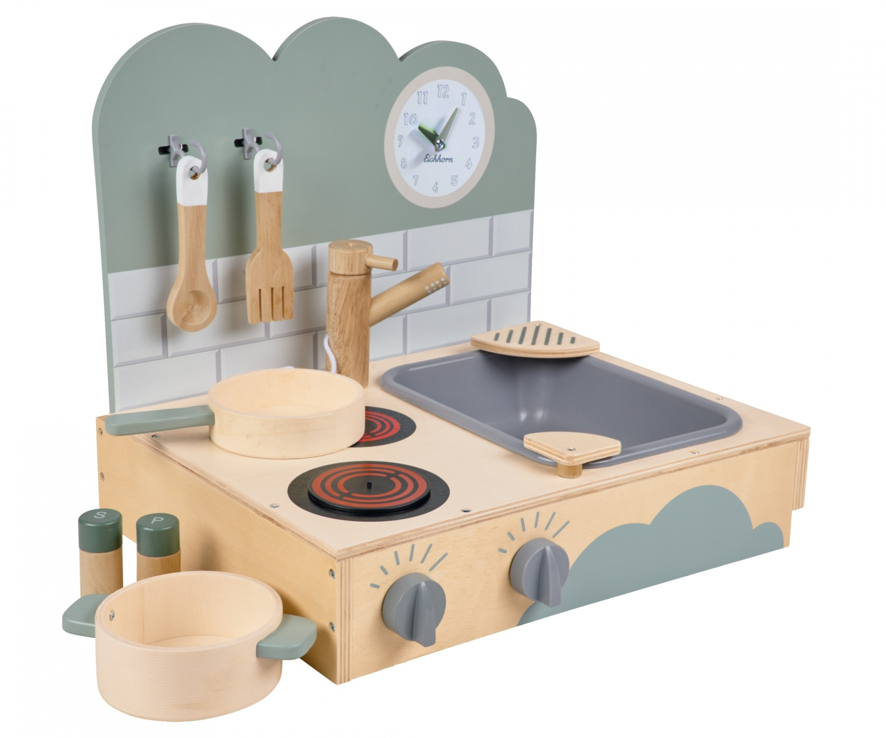 (8-tlg. Set) Kinder Holz Küche Spielzeug Tischküche mit Kochfeld / Spülbecken / Koch Zubehör (100002700) - Blau / Braun