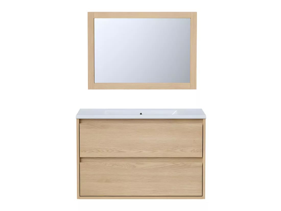Meuble de salle de bain suspendu avec vasque à encastrer et miroir - Placage chêne - 80 cm - MILIPAM