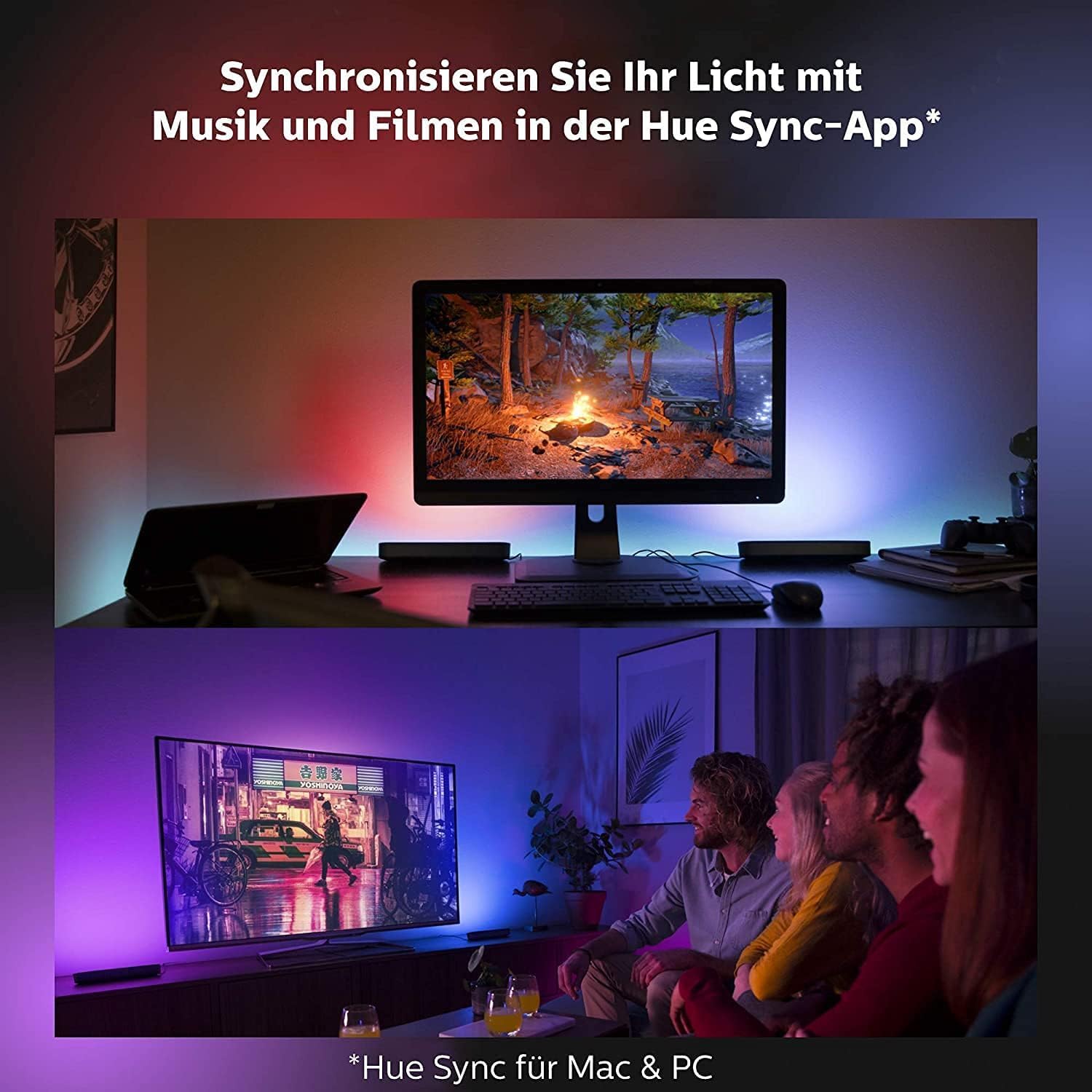 Philips Hue White & Color Ambiance Play Lightbar 2er Pack (500 lm) und Hue Bridge, dimmbare LED-Lightbar für das Hue Lichtsystem mit 16 Mio. Farben, smarte Lichtsteuerung über Sprache oder App,schwarz