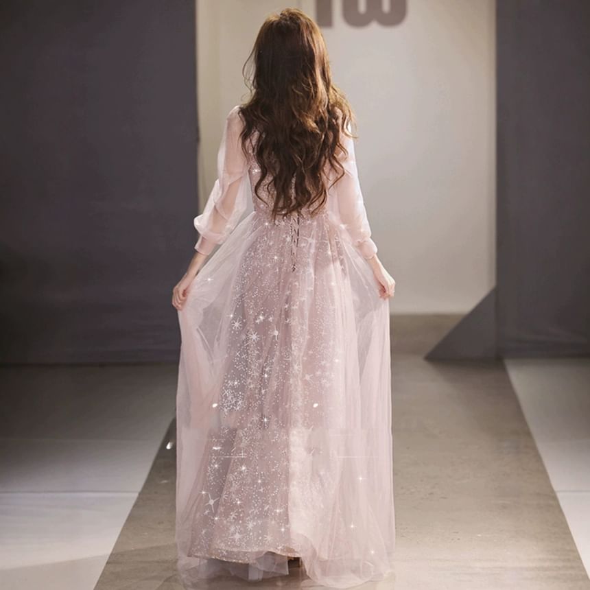 Yoanva - Lange mouw V-hals glitter mantel avondjurk