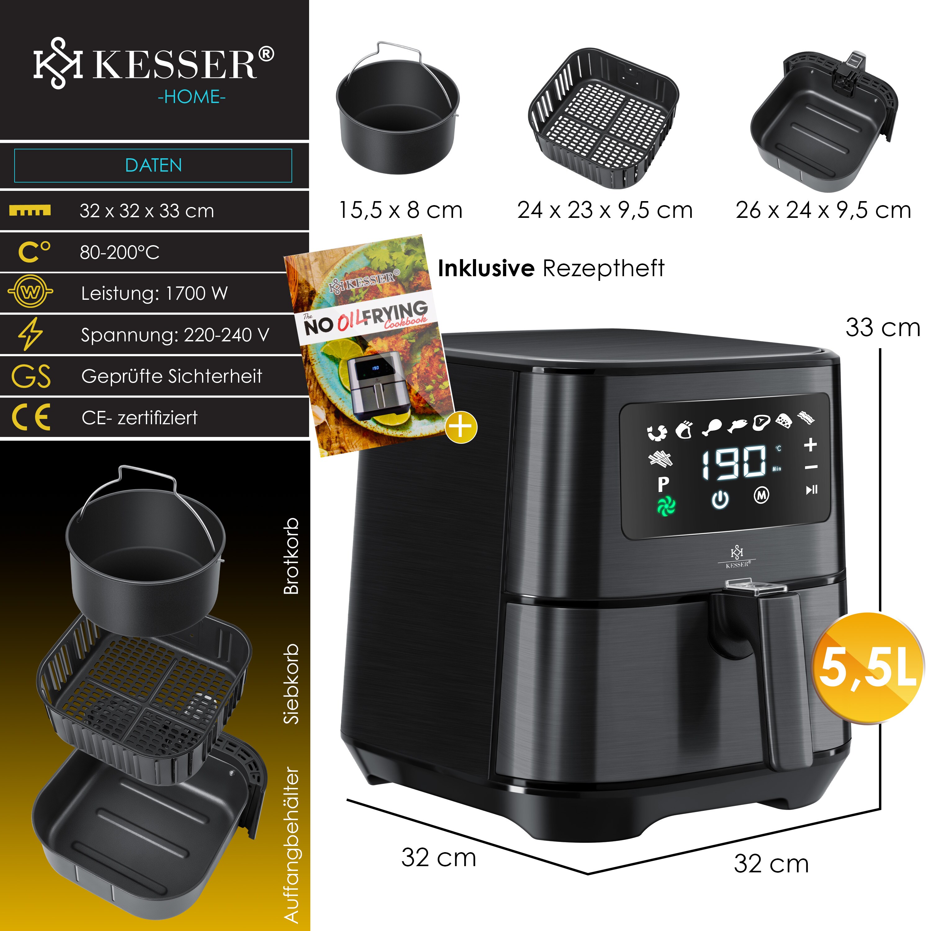 Kesser® XXL 5,5 Liter Heißluftfritteuse Edelstahl| inkl.Brotbackkorb | 1700W Friteuse Fritteuse Airfryer | Touch Display | 8 Programmen | ohne ÖL | ? Backofen ? Heißluft ? Grill | Fettfrei