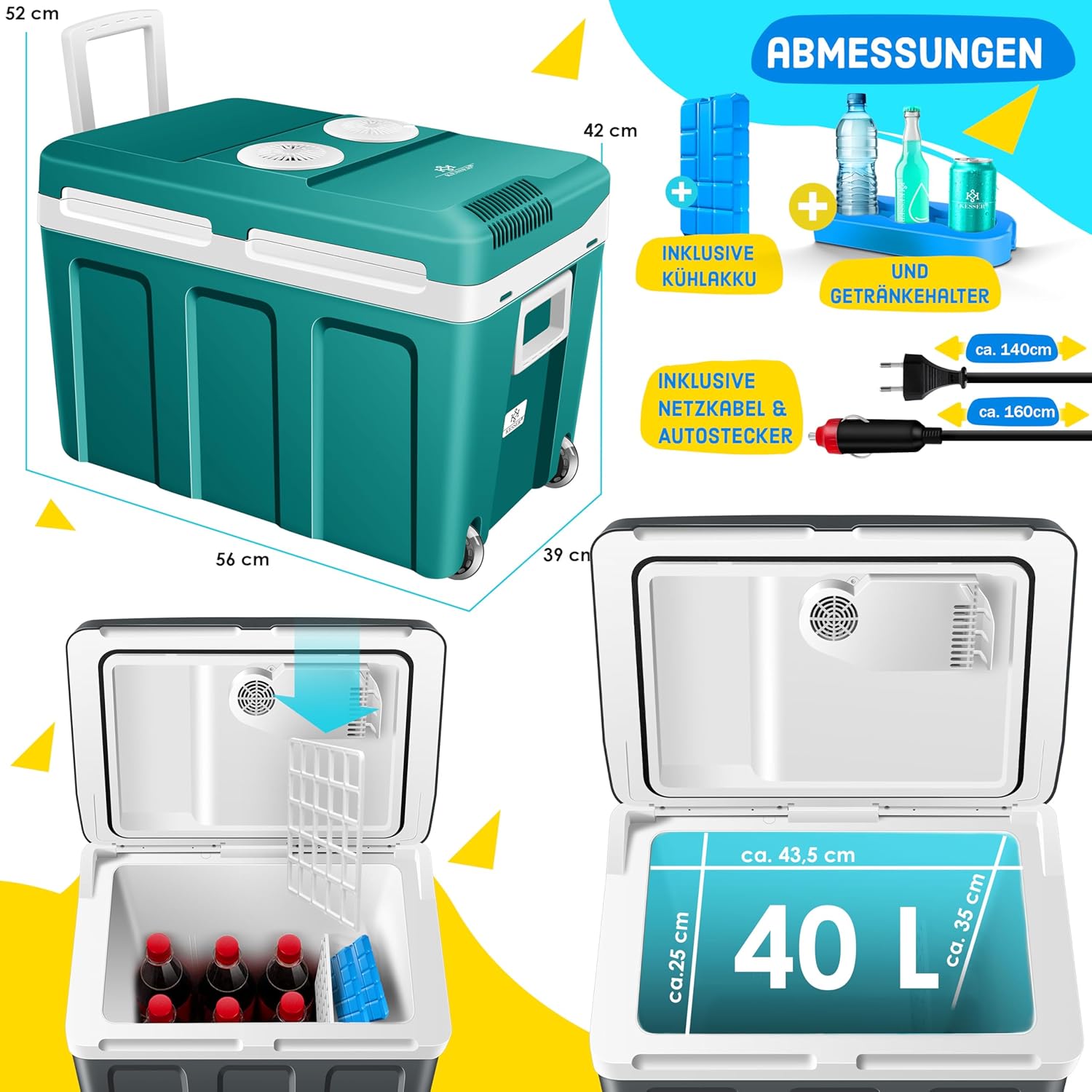 KESSER® Kühlbox 40L mit Rollen | Thermo-Elektrische Kühlbox | KÜHLT und WÄRMT | 12 & 230V | Thermobox für Auto, Boot & Camping | Mini-Kühlschrank mit ECO & MAX Modus
