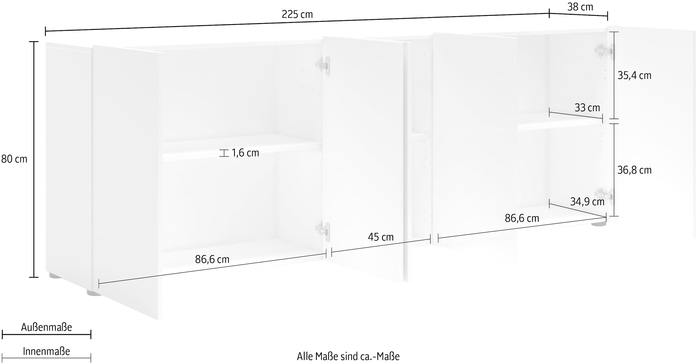 INOSIGN Sideboard »Mister« Kommode, komplett Hochglanz lackiert, Breite (B/H): 225/80 cm