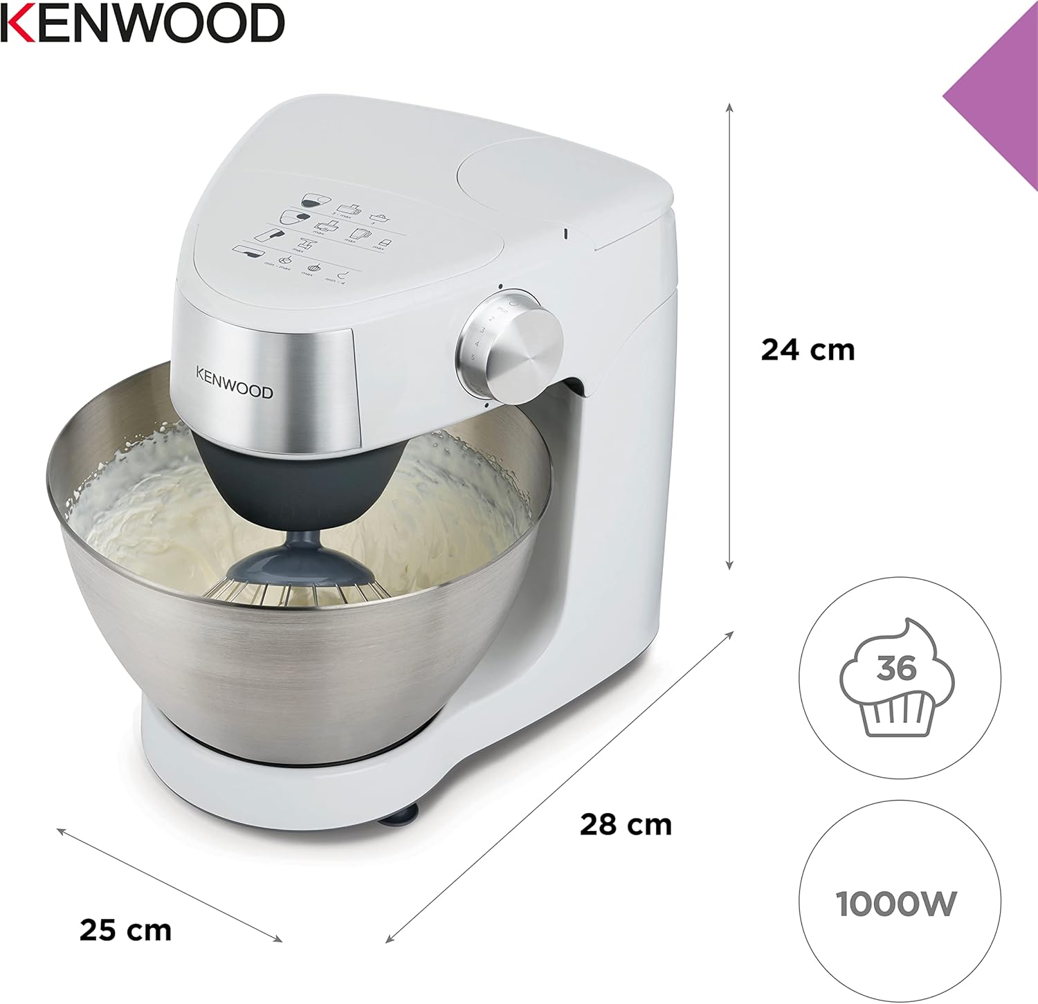Kenwood Prospero+ KHC29.H0WH Küchenmaschine, 4,3 l Edelstahl Schüssel, 1000 Watt, inkl. 9-teiligem Zubehör-Set mit Zerkleinerer, Acryl-Mixaufsatz, Zitruspresse und mehr, Weiß