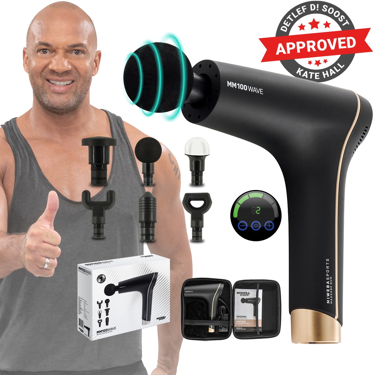 Miweba Sports Massagepistole MM100, Massage-Gun 2500 mAh für Faszien-Muskelmassage mit 6 Aufsätzen (Schwarz/Gold)