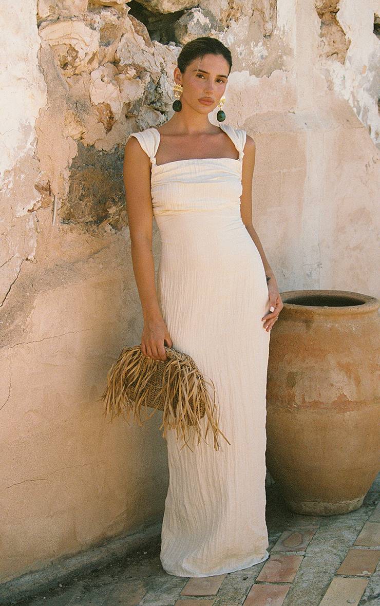 Crème Robe Longue Texturée À Bretelles Nouées
