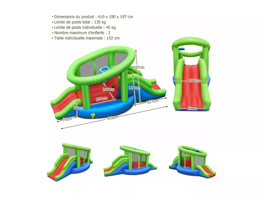 Château Gonflable en Forme de Escargot avec 2 Toboggans, Maison de Rebond Gonflable avec Mur d'escalade, Panier de Basket, Charge 135 kg pour 2 Enfants de 3-10 Ans (avec souffleur 450W)