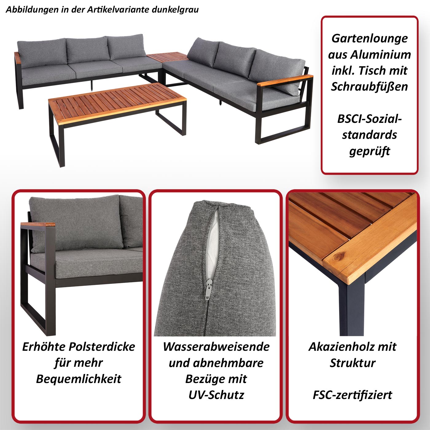 Garten-Garnitur MCW-L26, Gartenlounge Lounge-Set Sitzgruppe Sofa, Aluminium Akazie Holz MVG-zertifiziert ~ dunkelgrau