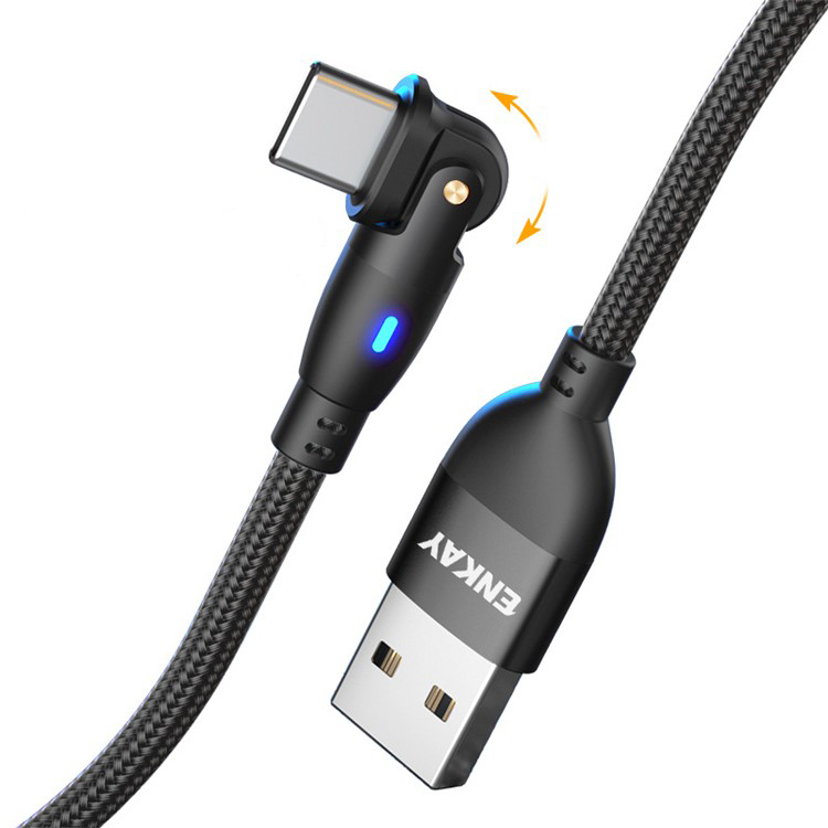 (2m) 3A USB A auf USB C Ladekabel 180° Nylon Datenkabel mit LED - Schwarz