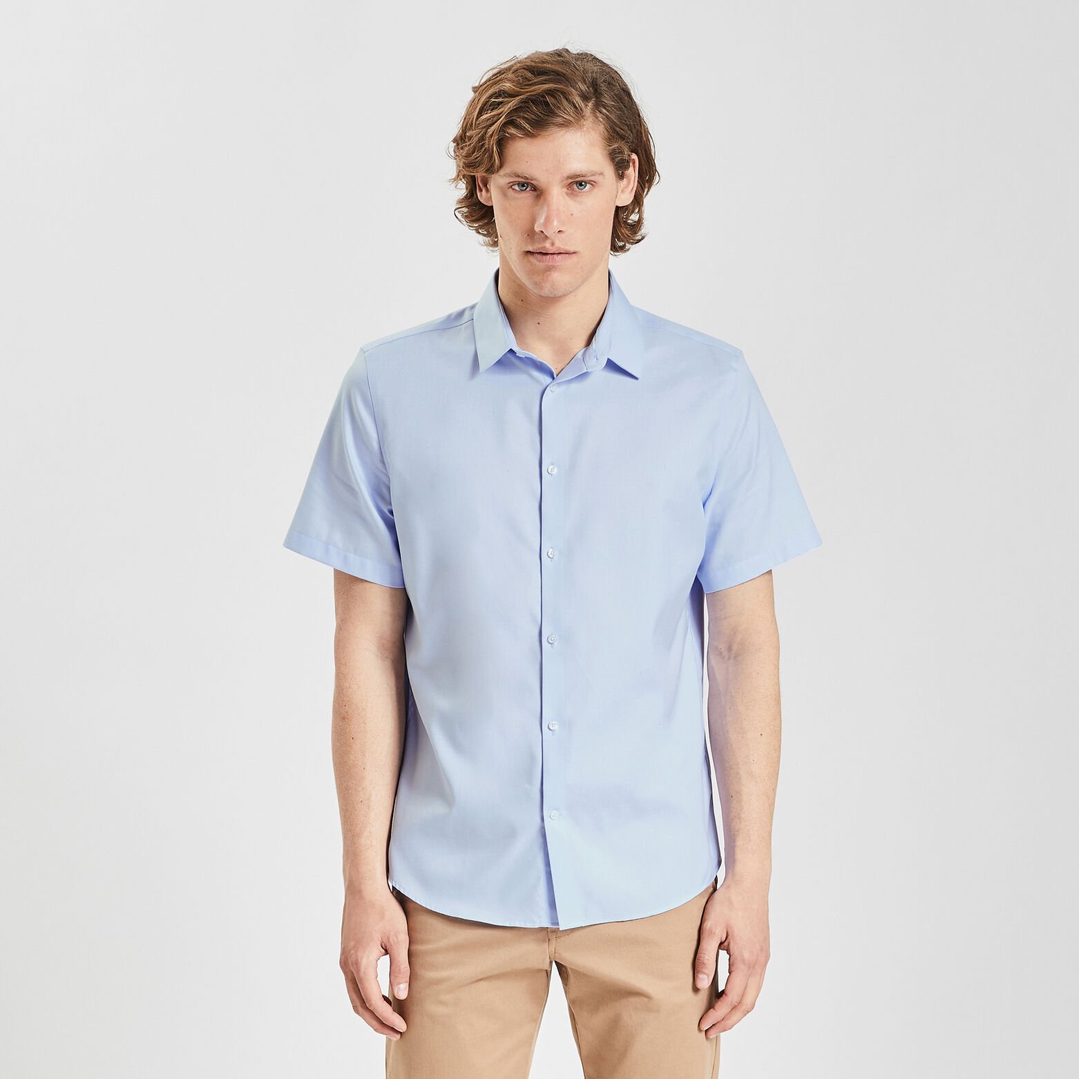 Chemisette regular sans repassage unie coton Bleu clair