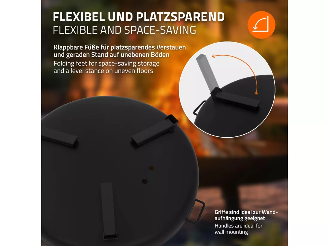 Bol à feu basero acier noir avec 3 pieds pliables foyer grille barbecue Ø80x29cm