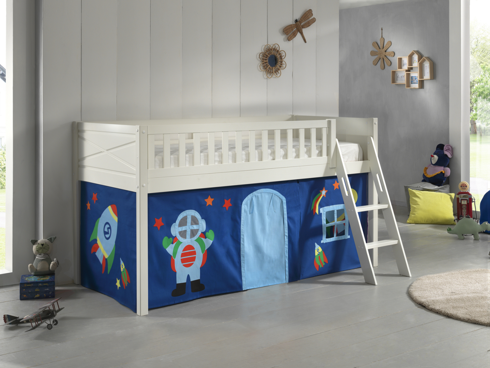 Spielbett SCOTT - weiß - Astro - mit Vorhang und Leiter - 90x200 cm