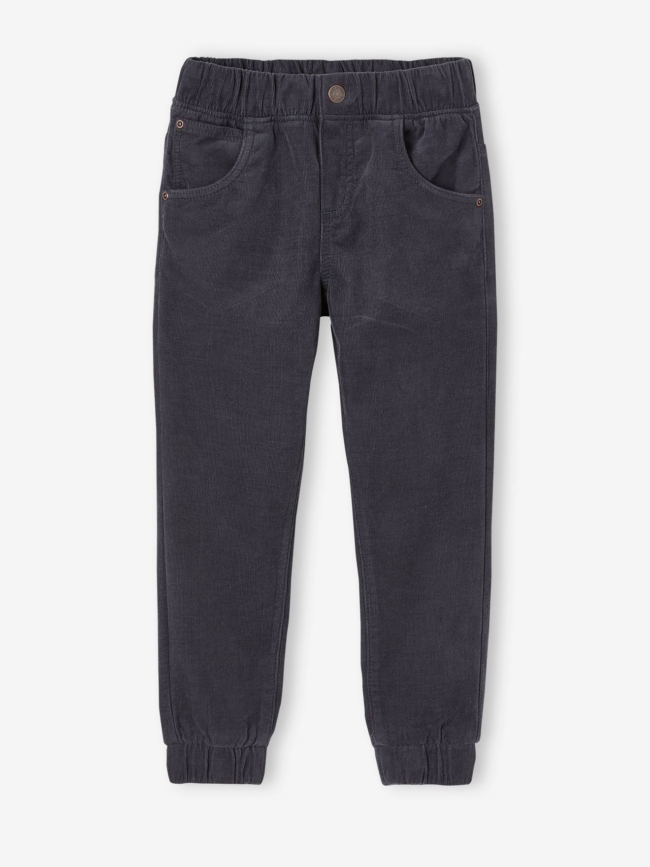 Calças de moletom de veludo cotelê fáceis de usar, lisas em azul escuro com estampas, para meninos.