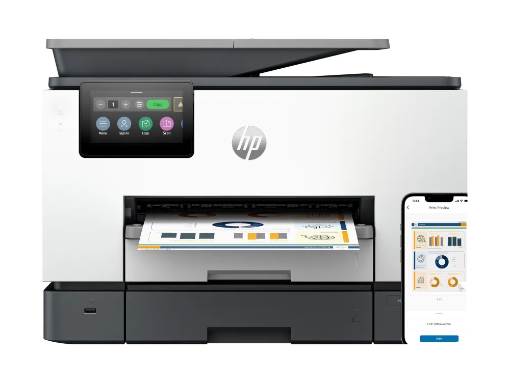 HP Officejet Pro 9130b All-in-One - Multifunktionsprinter - farve - blækprinter - Legal (216 x 356 mm) (original) - A4/Legal (medie) - op til 23 spm (kopiering) - op til 25 spm (udskriver) - 250 ark - 33.6 Kbps - USB 2.0, LAN, Wi-Fi(ac), USB vært - c