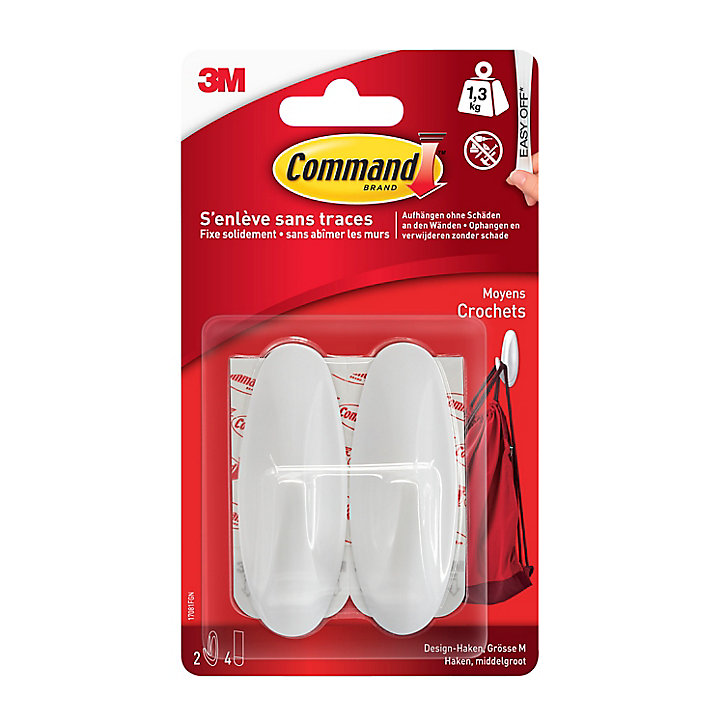 Crochets Design moyens blancs Command 17081 2 crochets + 4 languettes