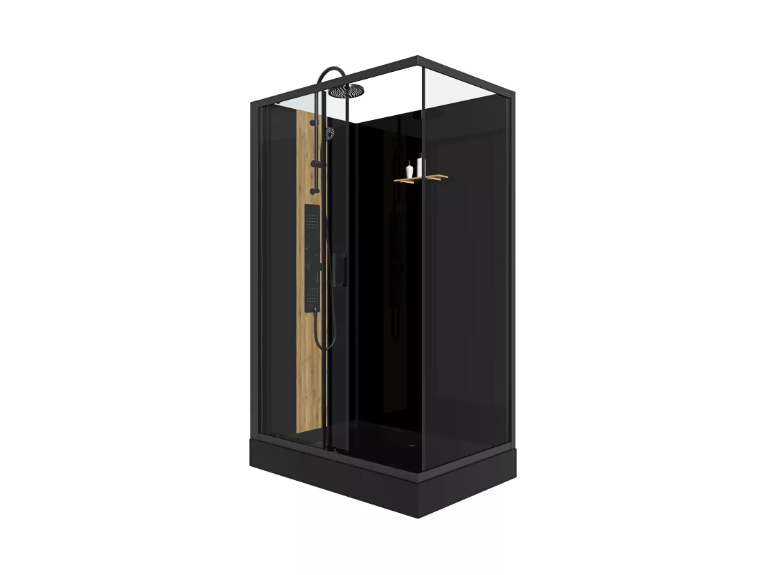 Cabine de douche hydromassante rectangulaire avec bambou - Installation réversible - Noir mat - L120 x l80 x H225 cm - VITUNA