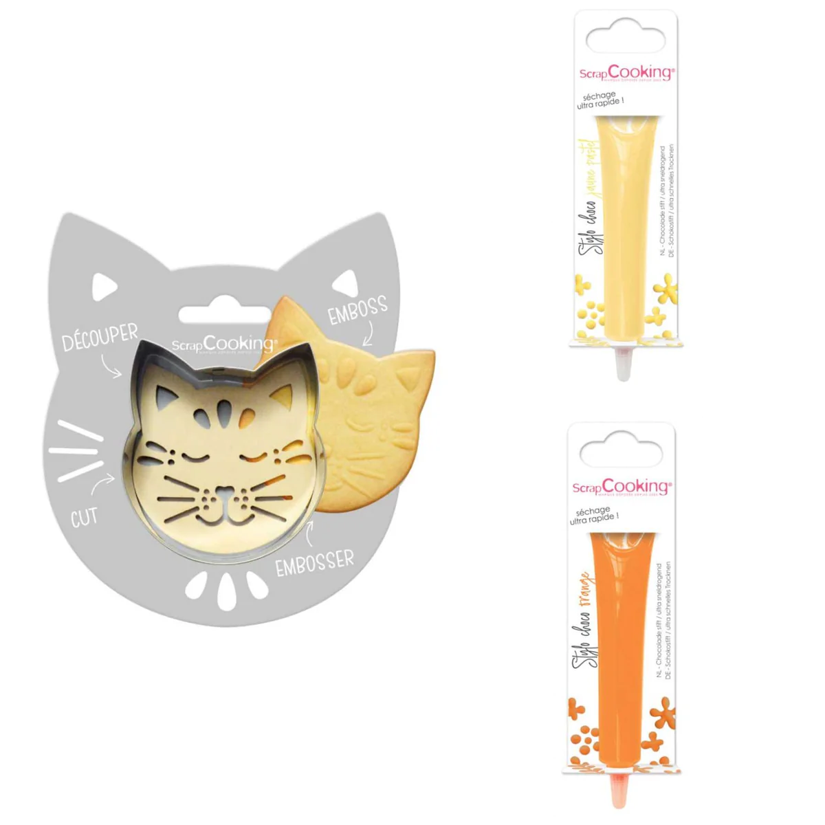 Kit pour biscuit en relief Chat + 2 Stylos au chocolat jaune pastel et