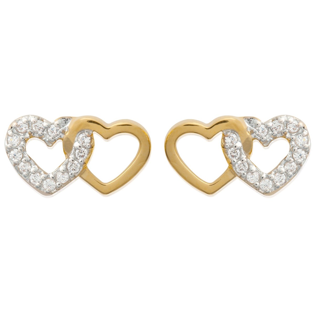 Boucles d'oreilles 2 coeurs enlacés oxyde de zirconium Plaqué OR 750 3 microns 2 tons