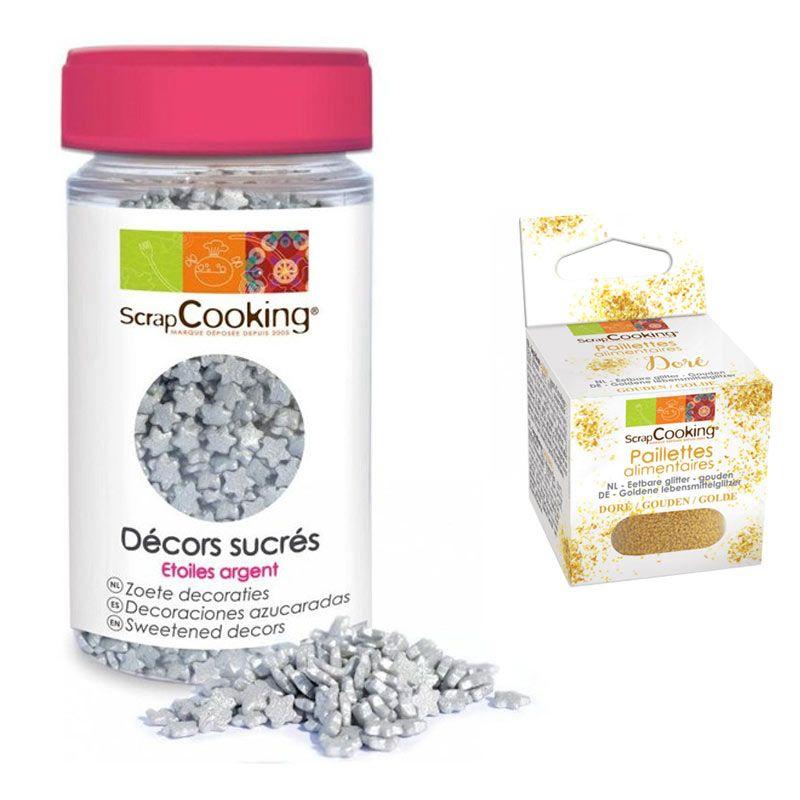 Décors sucrés étoiles argentées + paillettes dorées Scrapcooking