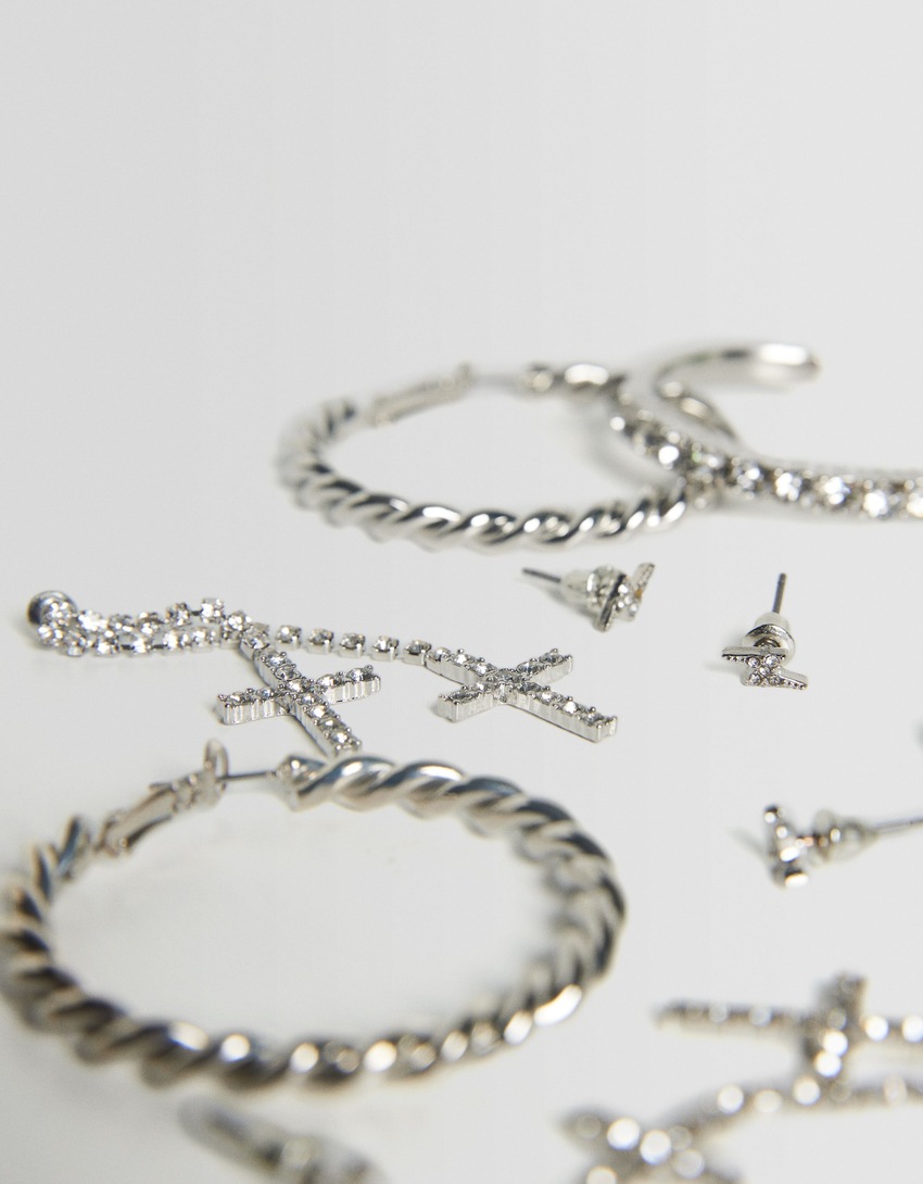 Conjunto de 6 pares de brincos de cruz com strass