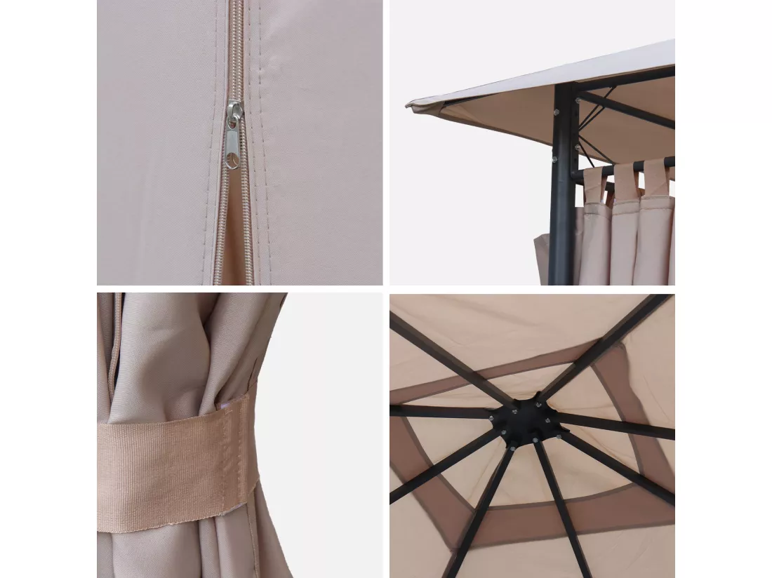 Tonnelle 3x3 m - Elusa - Toile beige - Pergola avec rideaux. tente de jardin. barnum. chapiteau. réception