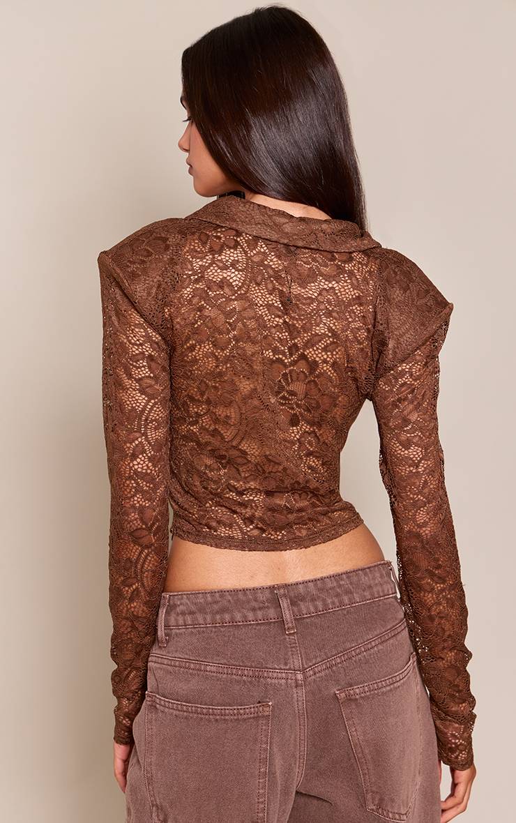Marron Blouse À Manches Longues En Dentelle Transparente Avec Épaulettes
