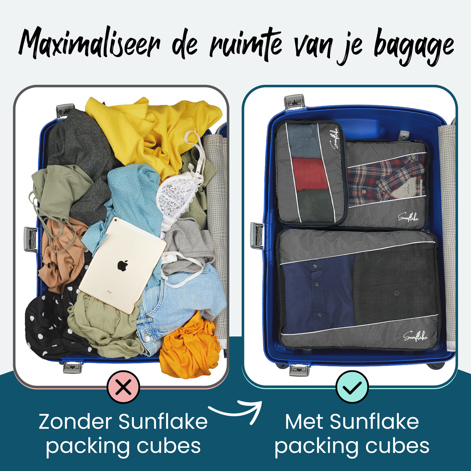 Sunflake set van 4 Packing Cubes - Grey