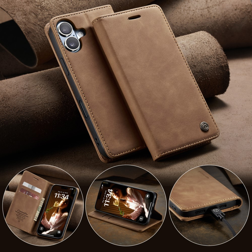 iPhone 16 Leder Tasche Flip Wallet Etui mit Kartenfächern - Hellbraun
