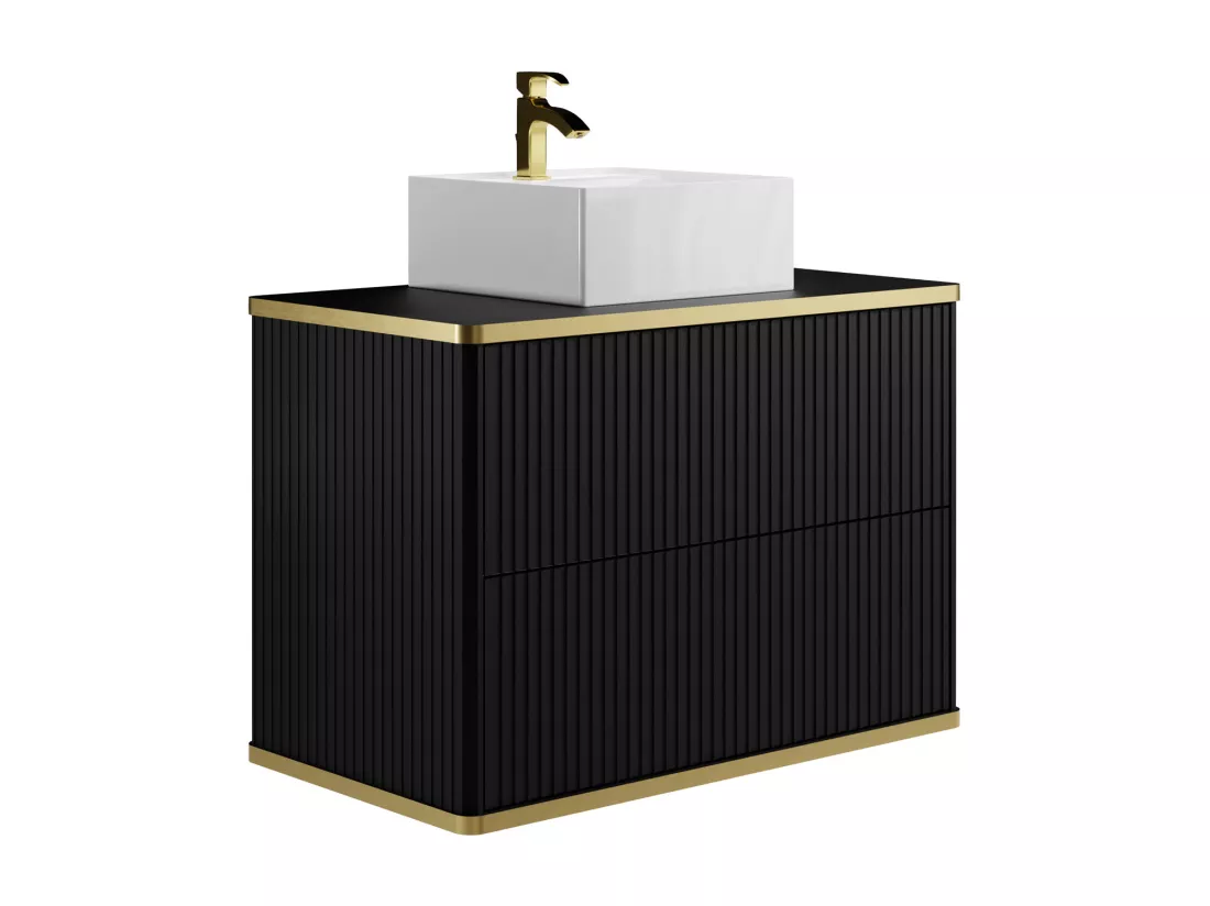 Meuble de salle de bain suspendu strié liseré doré avec vasque à poser carrée - Noir - 80 cm - KELIZA