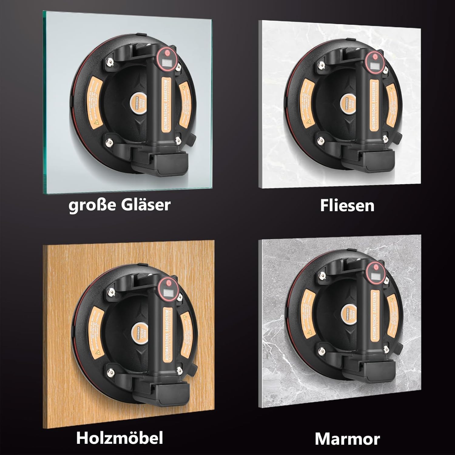 2X Elektrischer Vakuum Saugheber mit 4X Akku, 8'' Akku Saugnapf mit Automatischer Nachsaugung & Digitalanzeige, bis. 300kg, Heavy Duty Transport von Fensterglas Glatten Keramikfliesen Fliesen Glas