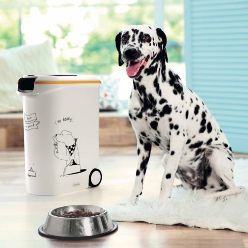 Recipiente para armazenamento de alimentos com rodas e design branco.