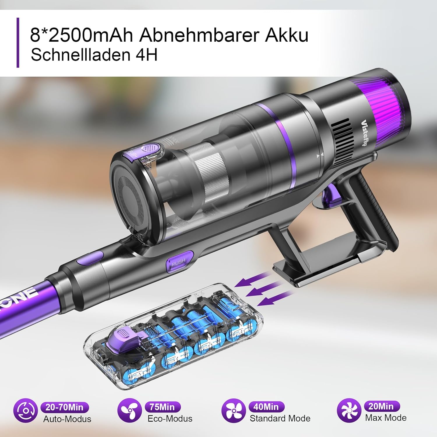 Vistefly V15s Max Akku Staubsauger Kabellos 55000Pa 75 Minuten, 580W Kabelloser AkkuStaubsauger mit Touchscreen 8 in 1 Staub Automatisch Erkennen für Tierhaare Hartböden Teppich