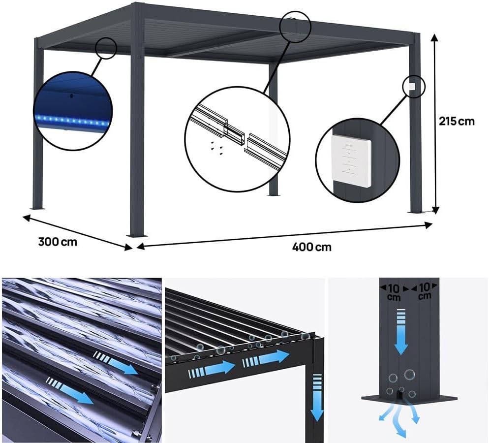 Habitat et Jardin Bioklimatische Pergola Windsor Premium mit LED aus Aluminium 3 x 4 m - Grau