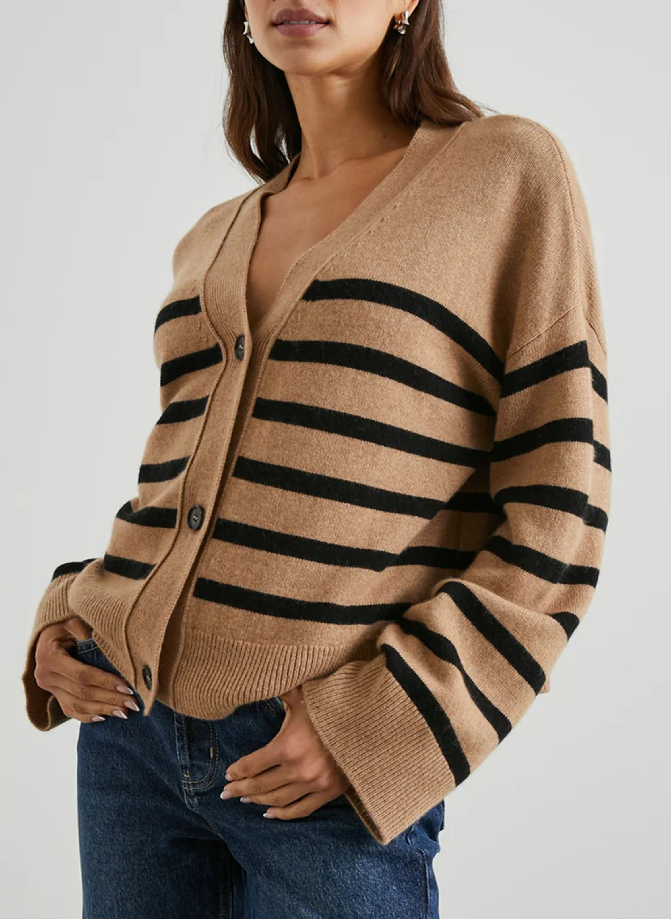 GENEVA - Gilet col V rayé en coton | Beige