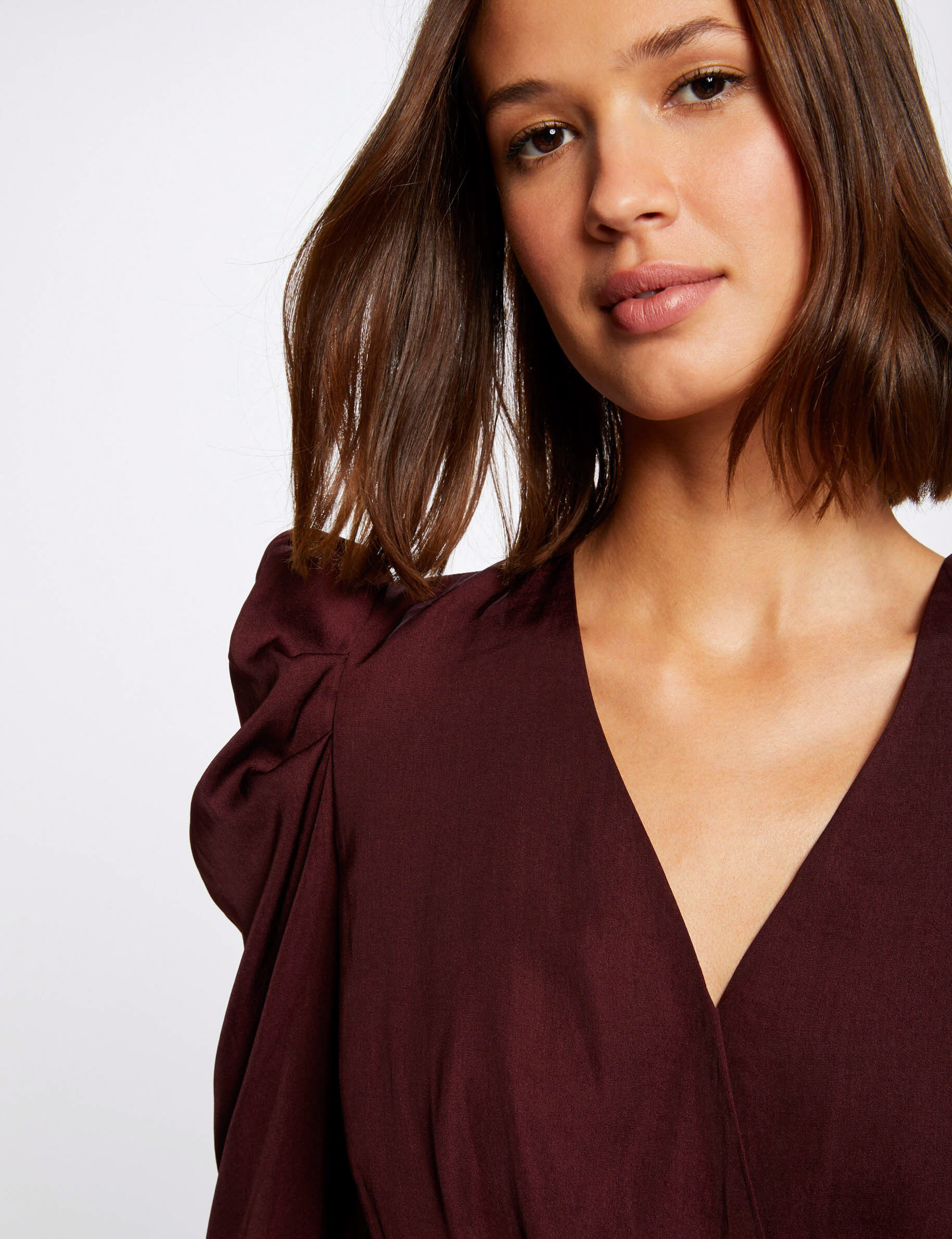 Blouse manches longues col cache-coeur prune femme - prune