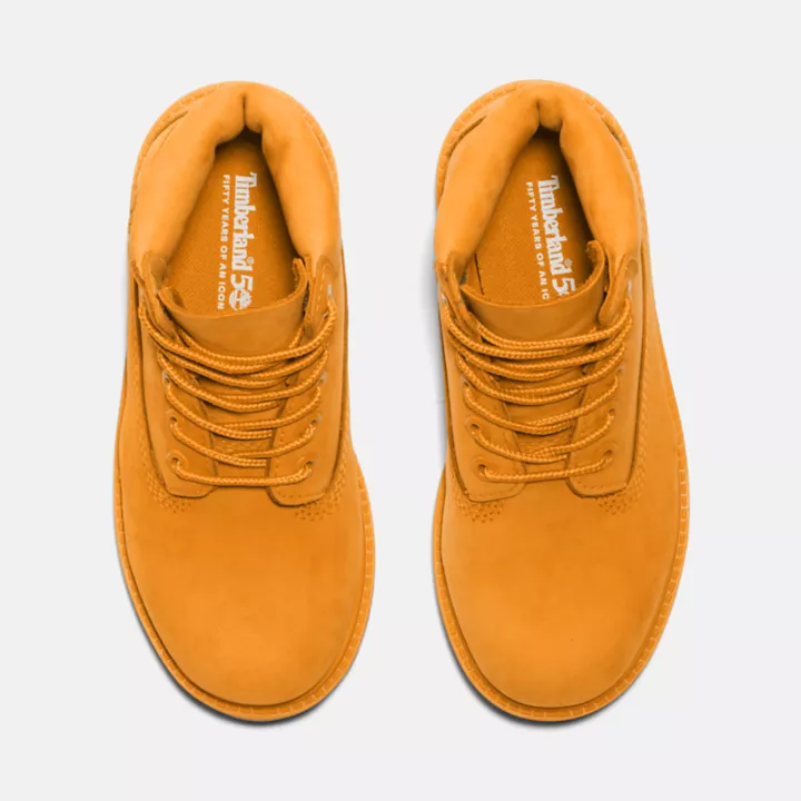 Bota Timberland Premium de 6 polegadas impermeável, edição 50, para jovens, na cor laranja.