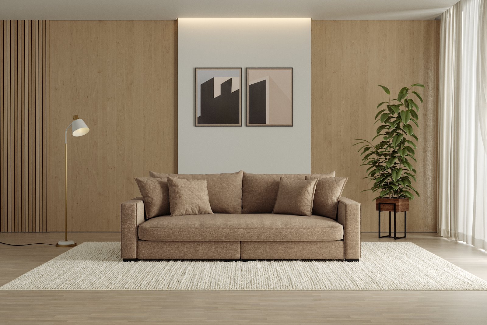 Rossi Lux 3-seter sofa (1 setepute) Tekstil Beatto 1012 Brown, arm B med sorte ben. Lux Komfort.