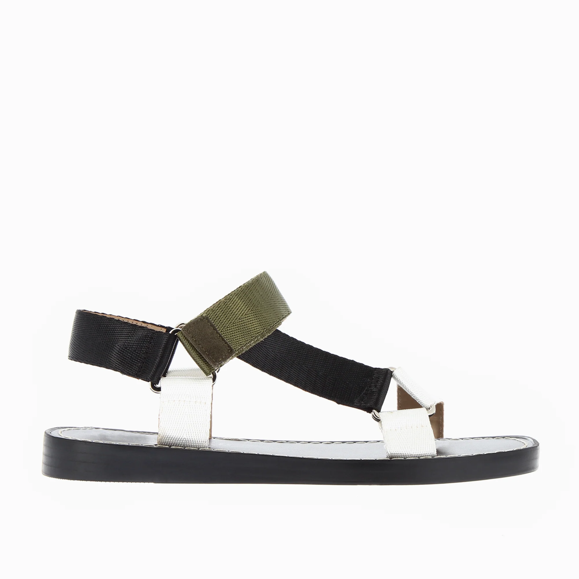 Sandales plates-Sandales plates Laurence en tissus kaki, noir et blanc