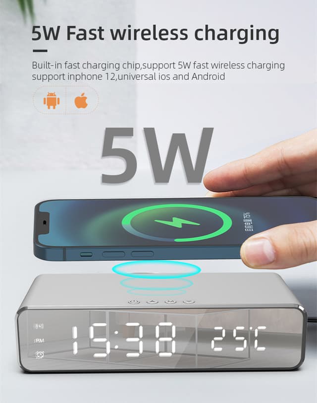 Digitalt LED vækkeur med trådløs oplader/termometer Sølv
