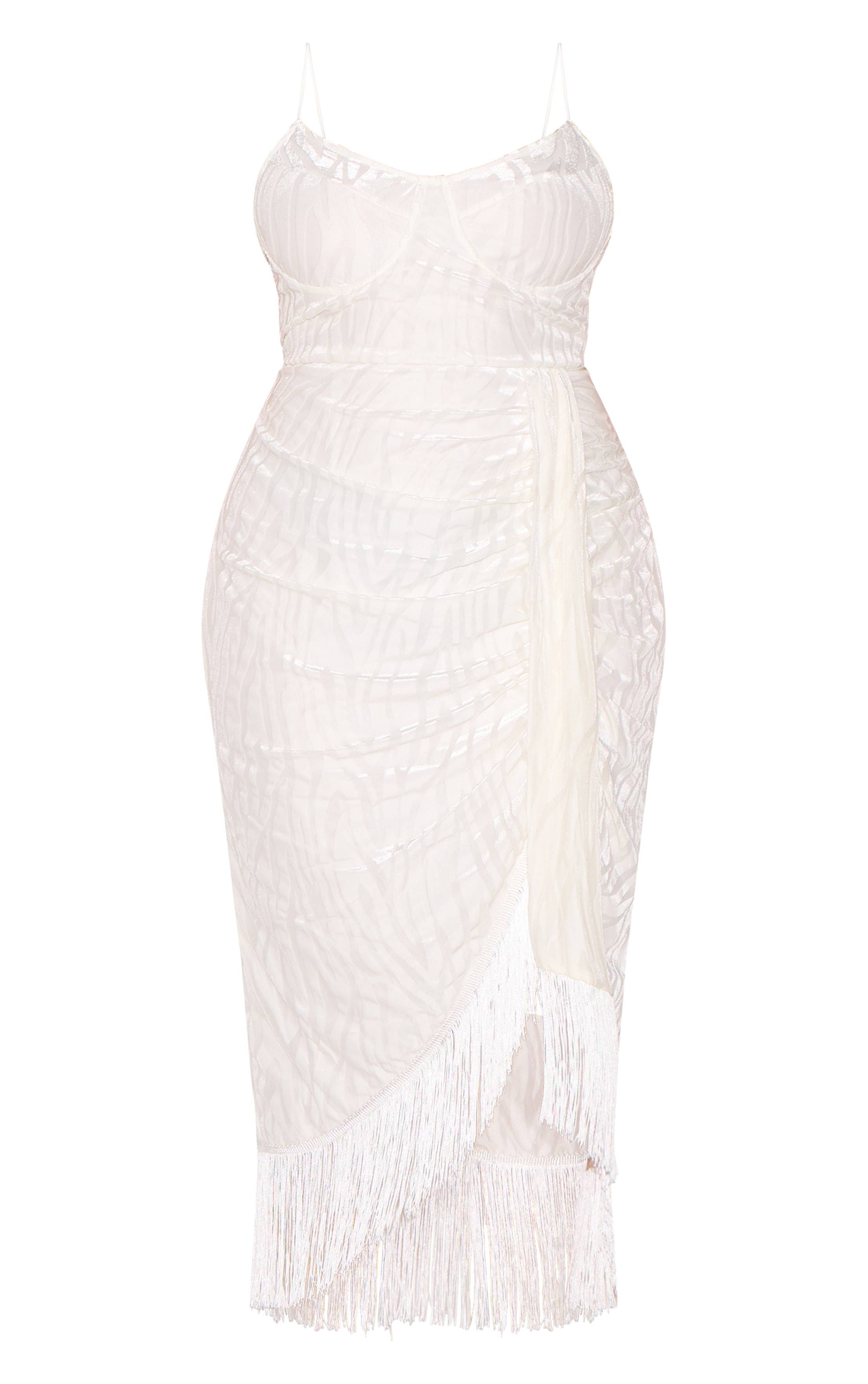Blanc Robe Midi Drapée À Armatures Avec Détails De Pompons En Devoré Grande Taille