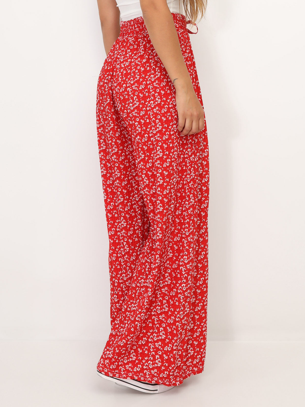Pantalon plissé à motif floral- Rouge