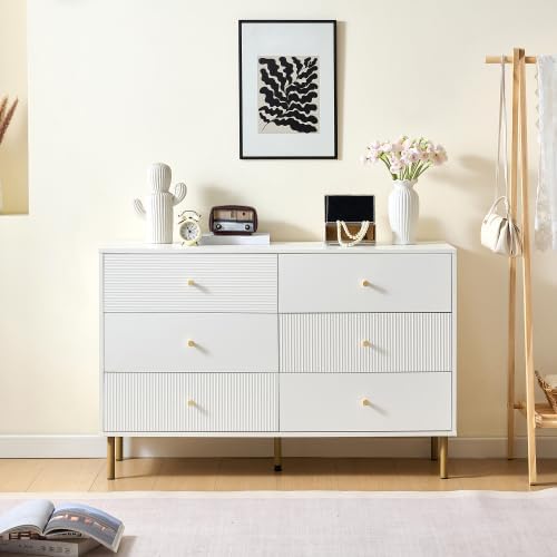 Merax Sideboard mit 6 Schubladen – Moderne Kommode in Weiß für Schlafzimmer, Wohnzimmer & Eingangsbereich – Robuste MDF-Kommode mit Zinklegierung-Griffen und Stahlbeinen