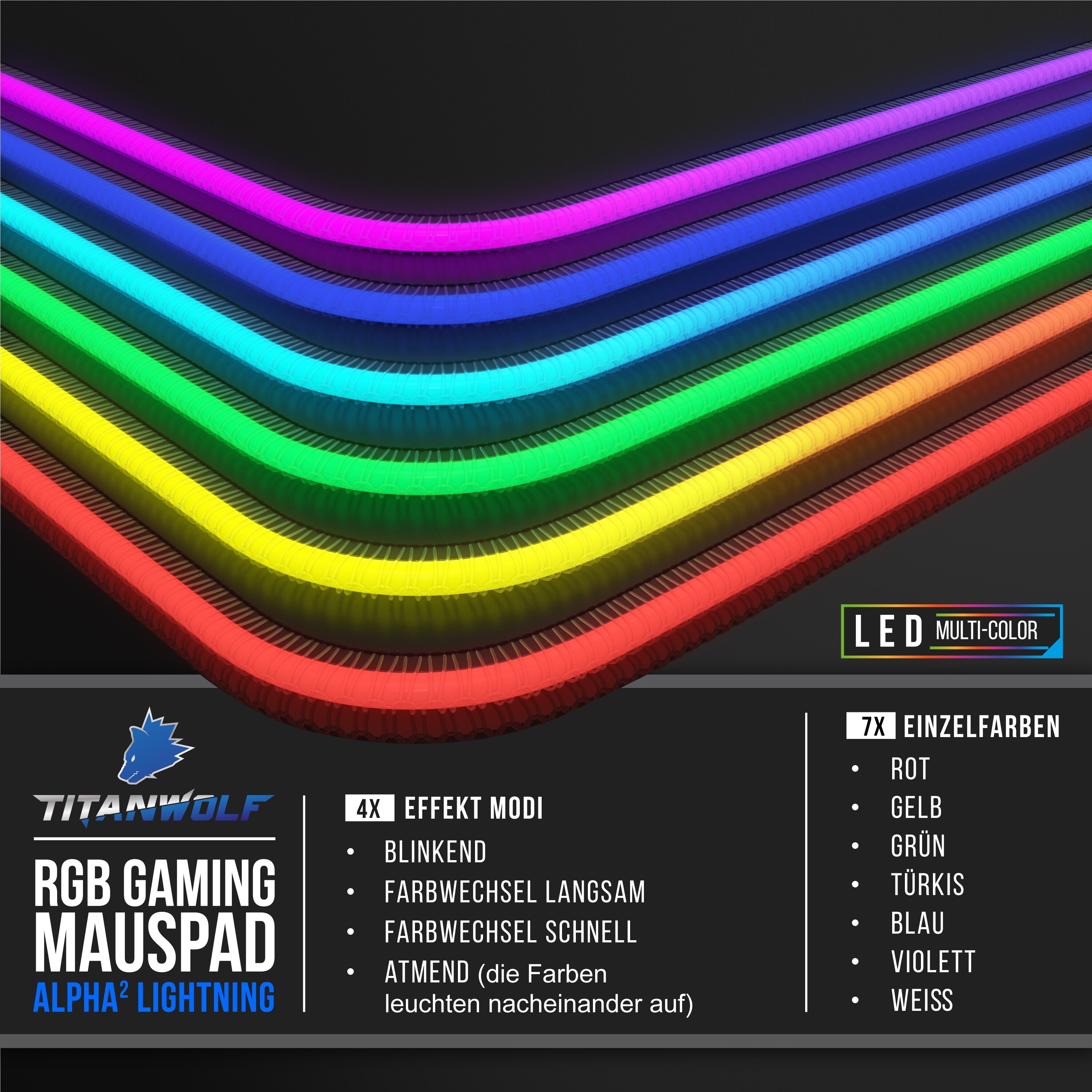 Titanwolf RGB Gaming Mauspad, Mousepad XL 800 x 300mm, verbessert Präzision & Geschwindigkeit, schwarz