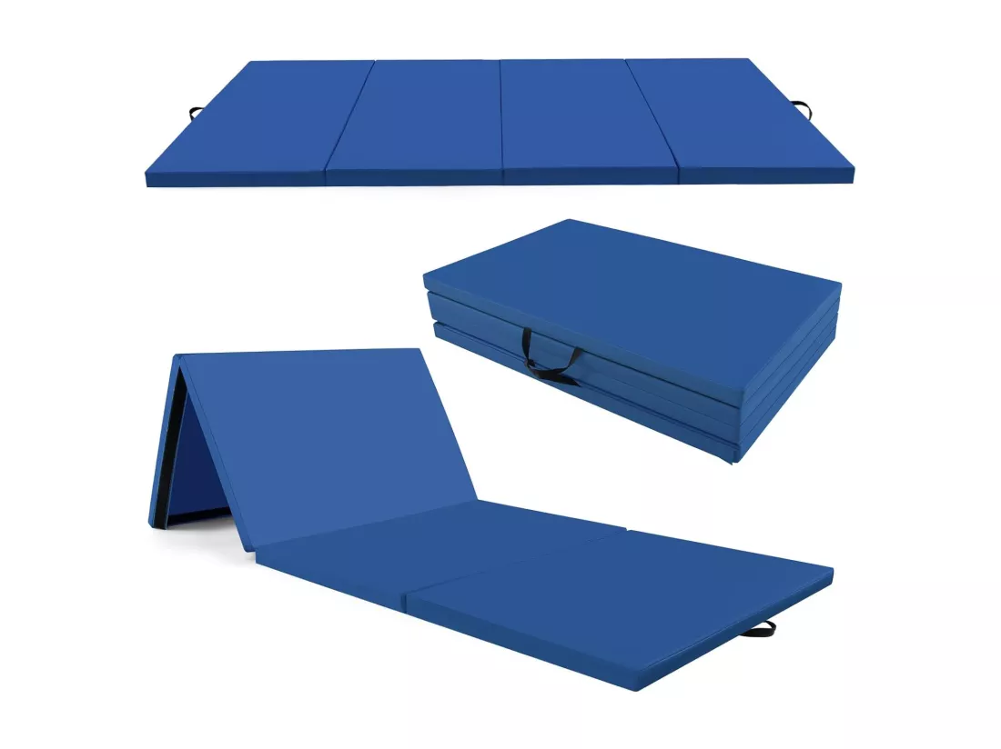 Tapis de Gymnastique Pliable à 4 Plis Epais, Matelas d'Entrainement en Mousse et PU avec Poignées Attaches Auto-agrippantes, pour Gymnastes Entraînements Yoga 300x117x5CM, Bleu
