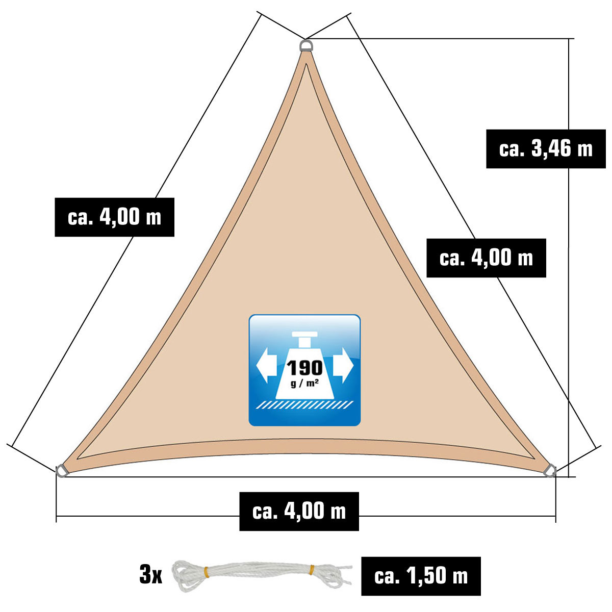 AMANKA 4x4x4 waterdicht schaduwdoek met bevestigingsset - Beige