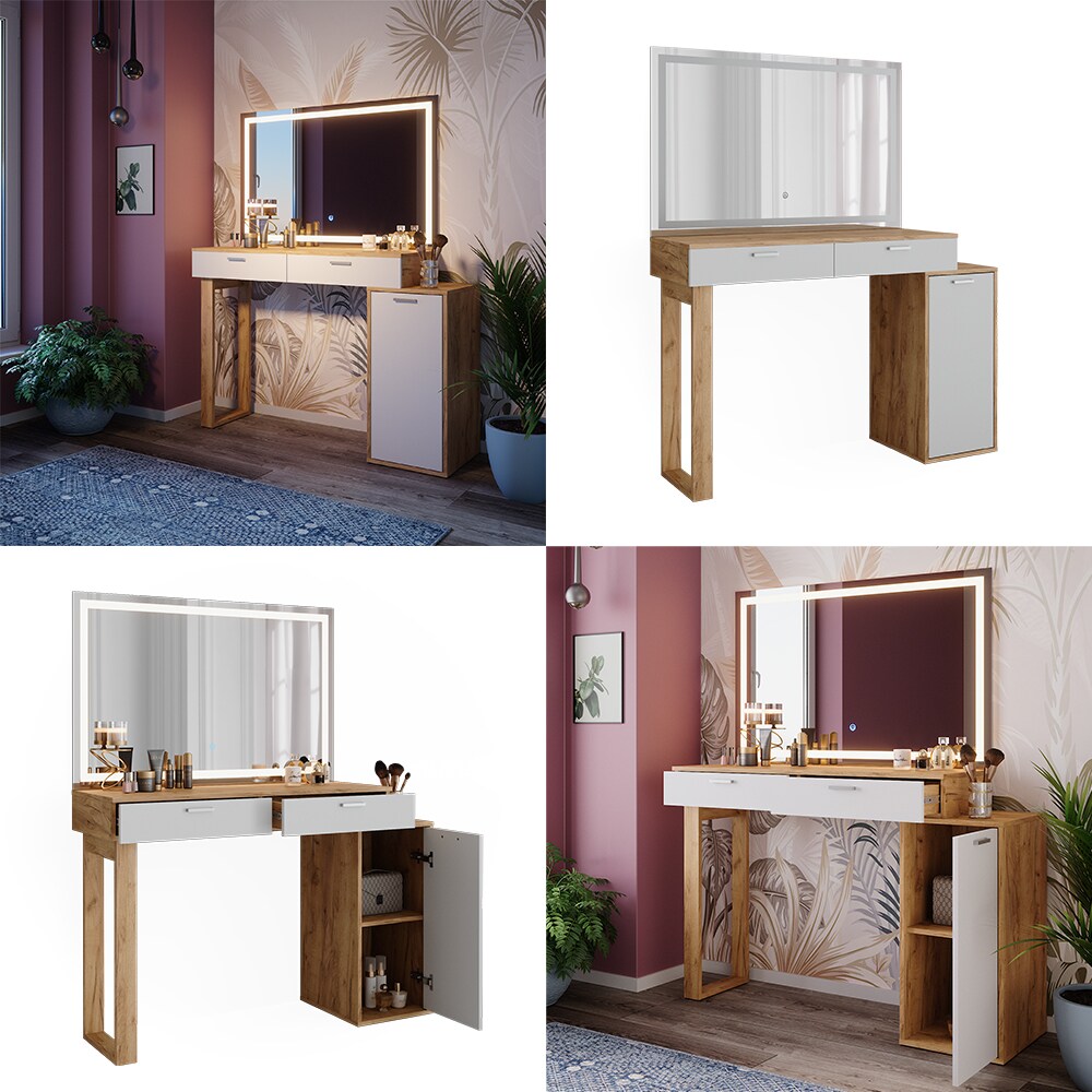 Vicco Schminktisch Regina Eiche Weiß 130 cm mit LED-Spiegel