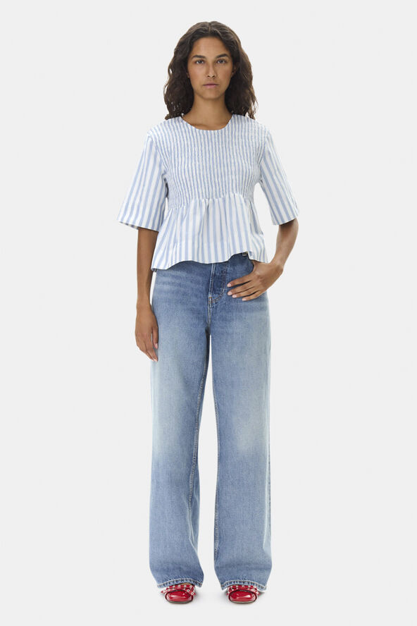 Ganni Stripe Cotton Open Back Smock Blous Egret