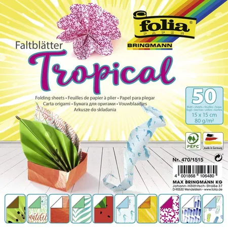 Folia Faltblätter Tropical, 15 x 15 cm, 80 g/qm, 50 Blatt sortiert in 10 Motiven